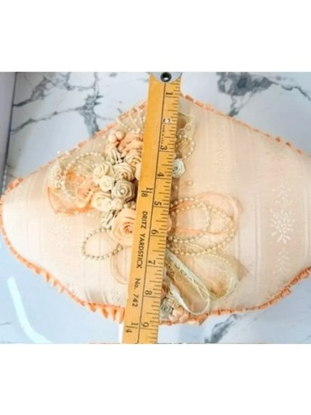 VTG Shabby Chic Peach Satin Fabric Keepsake Box Ribbon Roses Pearls